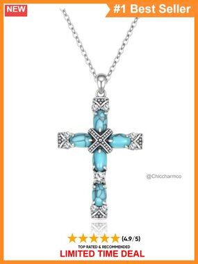 Sterling Silver Turquoise Cross Pendant Necklace 45cm Cable Chain